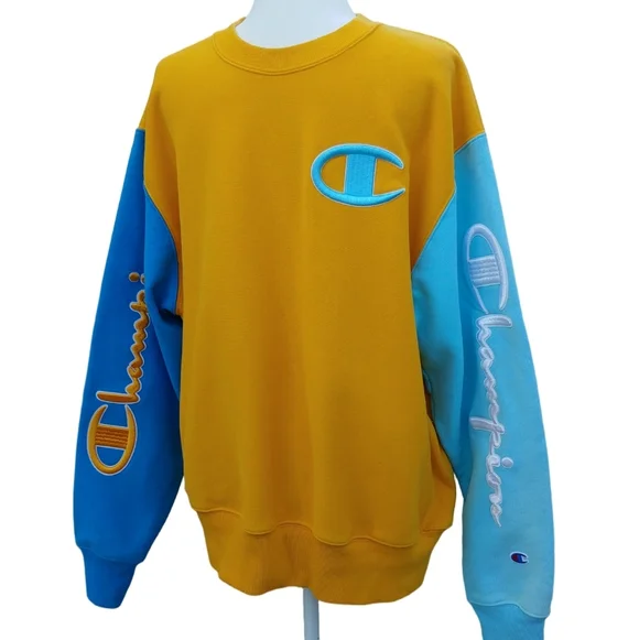 Champion Men's Embroidered Reverse Weave Crewneck in Mustard Teal size Large - Picture 5 of 15